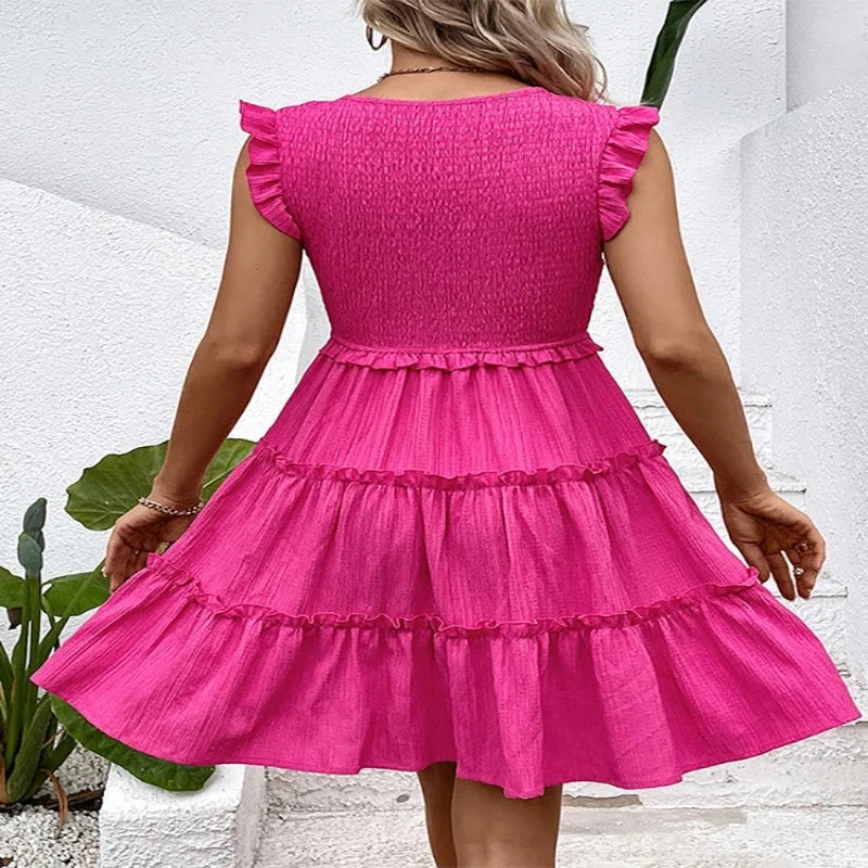 Vestido Feminino curto decote em V e babado midi